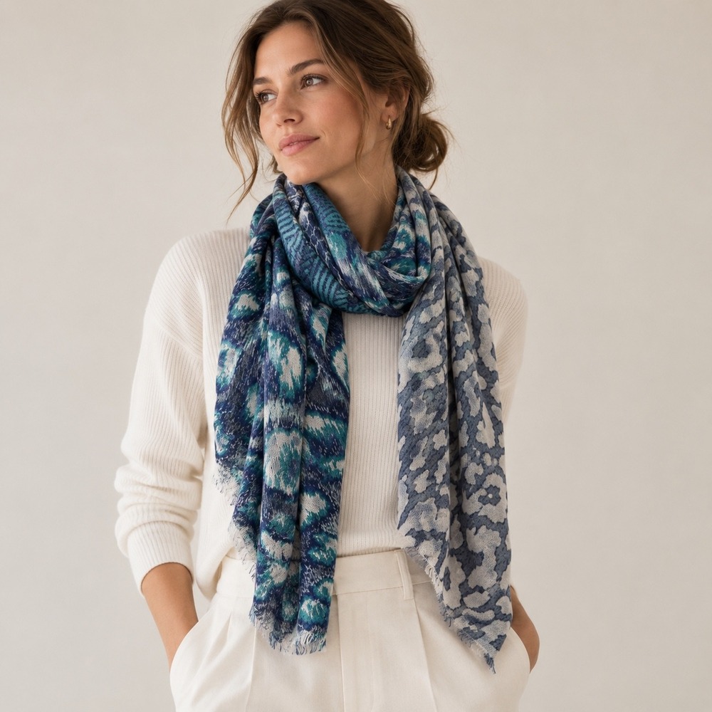 Theodora & Callum Blue Scarf Reversible Leopard Animal Print Lightweight Wrap